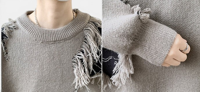 Allzom men's grey knit sweater with fringe detail and retro idle style.