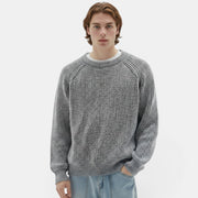 Allzom Men's grey knit sweater with a textured vertical stripe pattern and round neck.