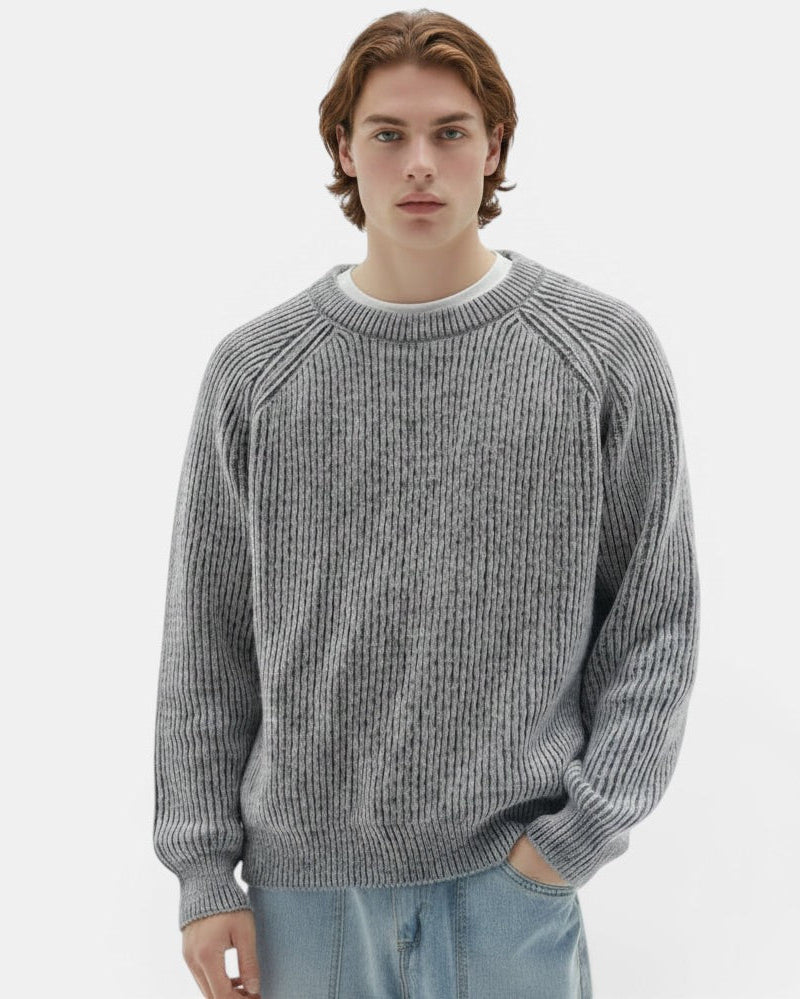 Allzom Men's grey knit sweater with a textured vertical stripe pattern and round neck.