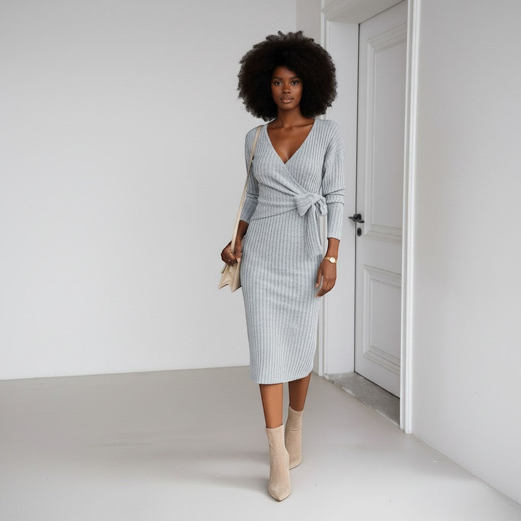 Allzom grey knitted V-neck long sleeve midi dress with tied waist detail, worn by a model.