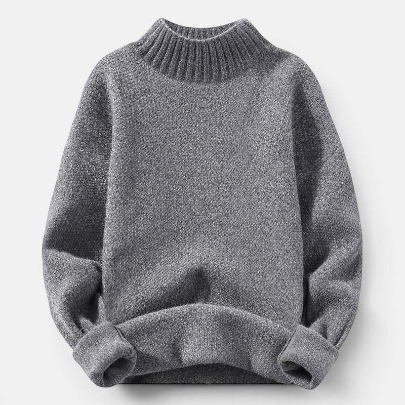 Allzom grey crew neck loose knitted pullover sweater with ribbed collar and cuffs, soft knit fabric.