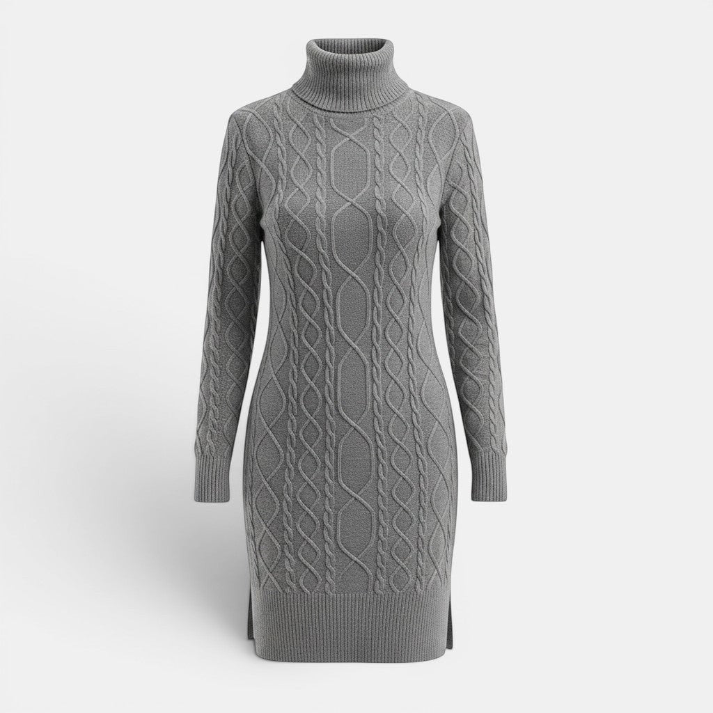 Allzom grey knitted turtleneck dress with cable knit detail and side slit. Long sleeves, ribbed cuffs and hem.