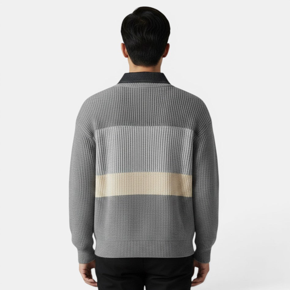 Allzom men's grey knitwear coat with horizontal stripe detail in light grey and cream. Relaxed fit, ideal for autumn and winter.
