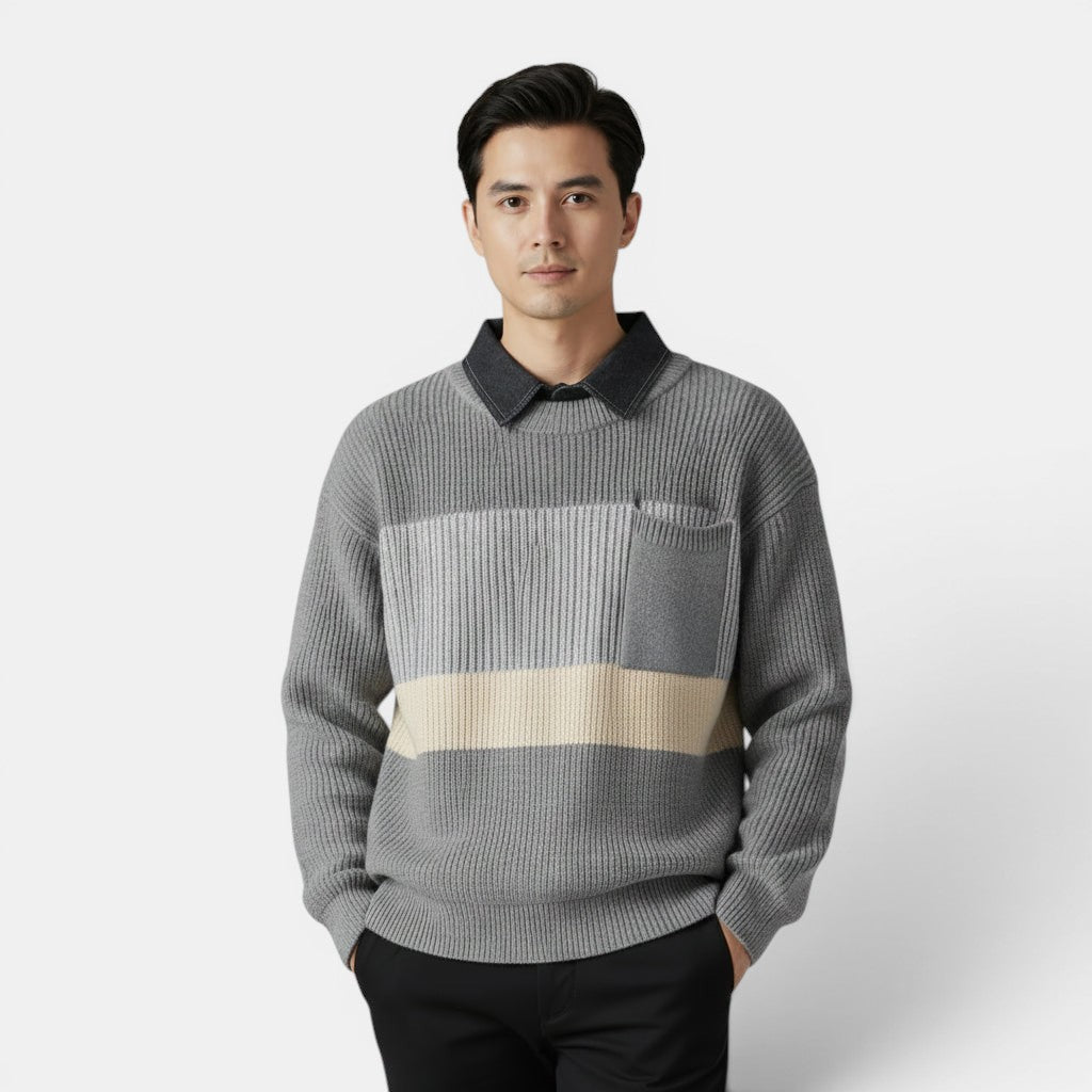 Allzom Men's grey knitwear coat with contrasting stripes and a chest pocket. Features a dark collar and a loose fit.