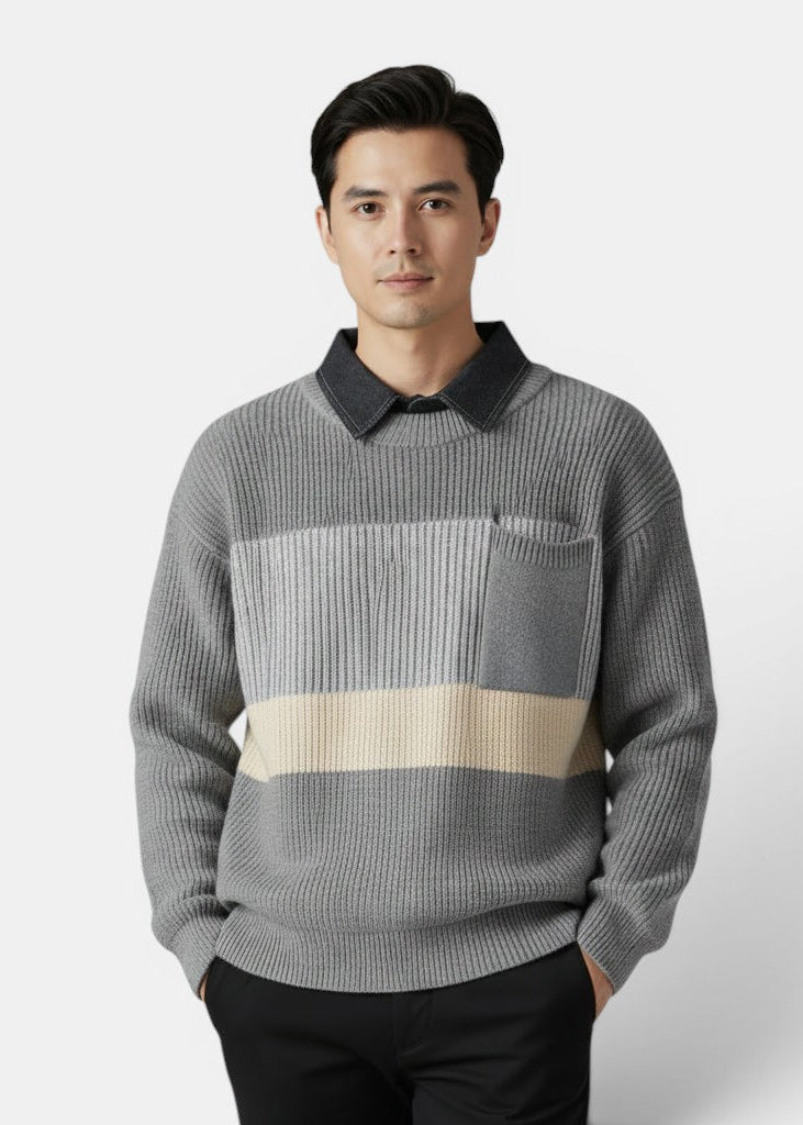 Allzom Men's grey knitwear coat with contrasting stripes and a chest pocket. Features a dark collar and a loose fit.