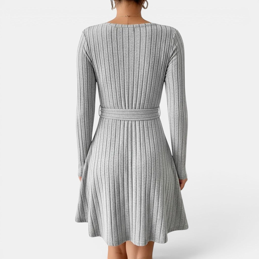 Allzom cinched waist grey ribbed long sleeve dress