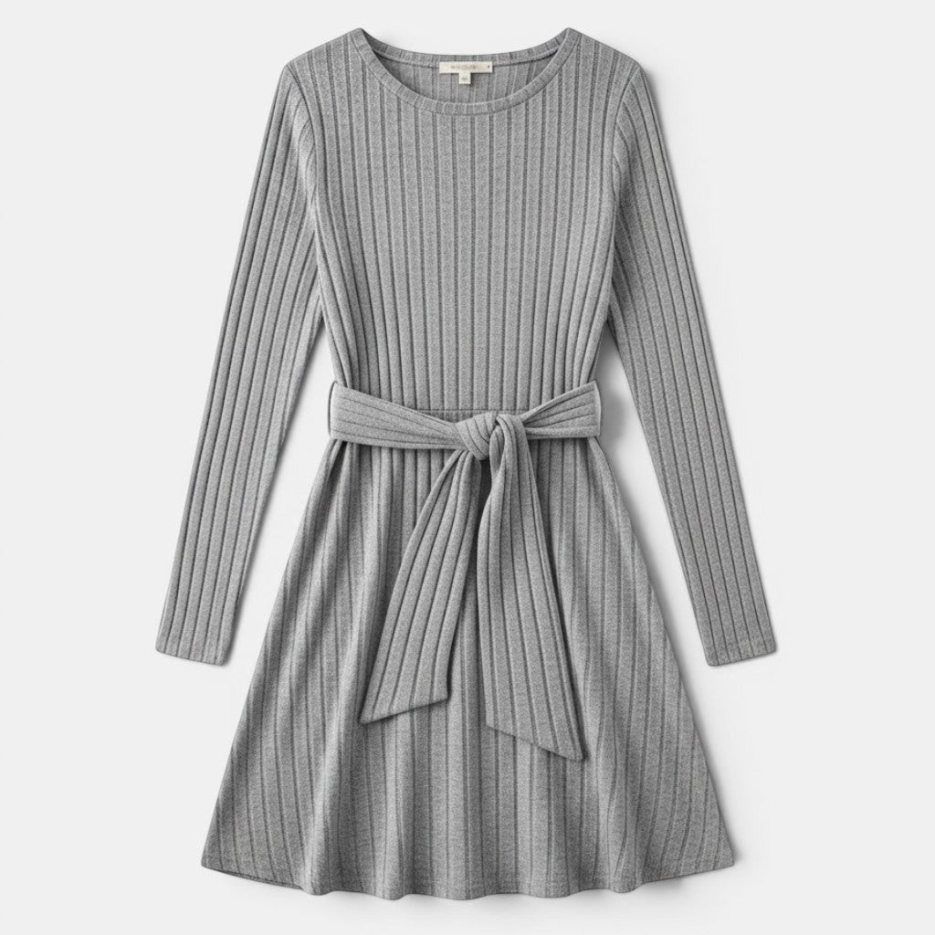 Allzom grey ribbed long sleeve waist-cinching midi dress with tie belt.