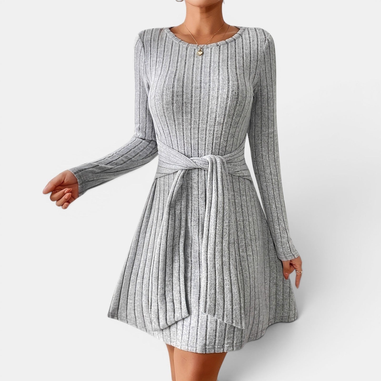 Allzom cinched waist grey ribbed long sleeve dress with tie belt. Elegant and flattering.