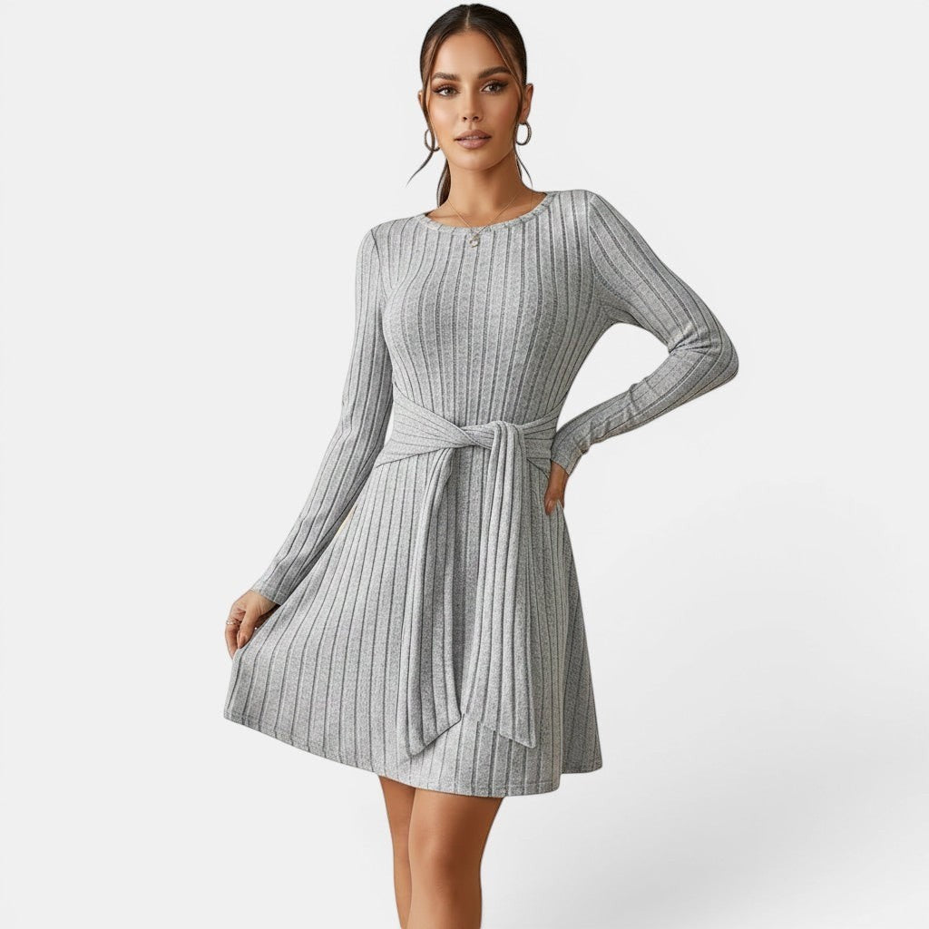 Allzom grey ribbed long sleeve waist-cinching dress with tie belt. Flattering A-line skirt.
