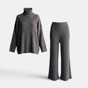 Allzom women's grey ribbed knit turtleneck sweater and wide-leg pants leisure suit.