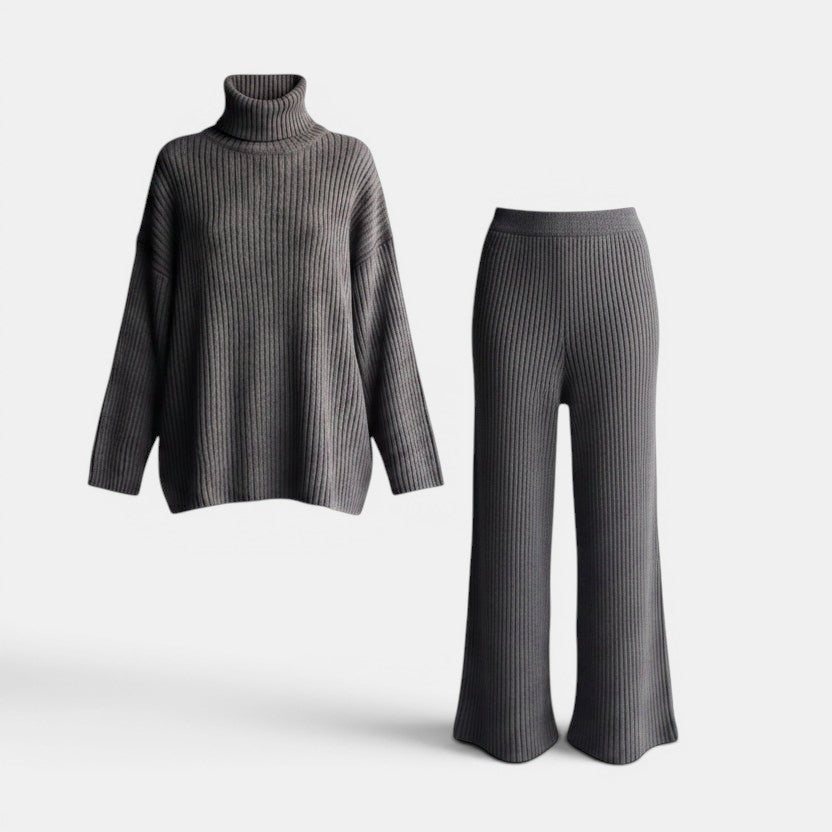Allzom women's grey ribbed knit turtleneck sweater and wide-leg pants leisure suit.
