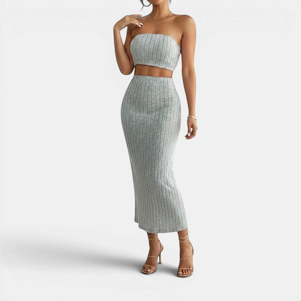 Allzom women's grey ribbed knit strapless top and midi skirt set, perfect for casual fashion.