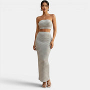 Allzom women's grey ribbed knit strapless crop top and maxi skirt set. Casual fashion.