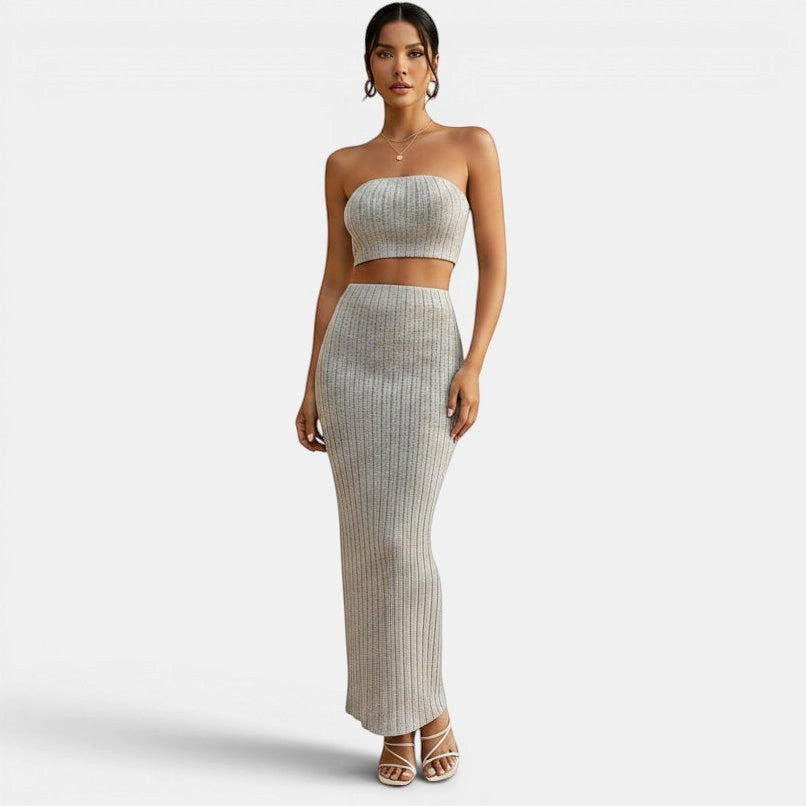 Allzom women's grey ribbed knit strapless crop top and maxi skirt set. Casual fashion.