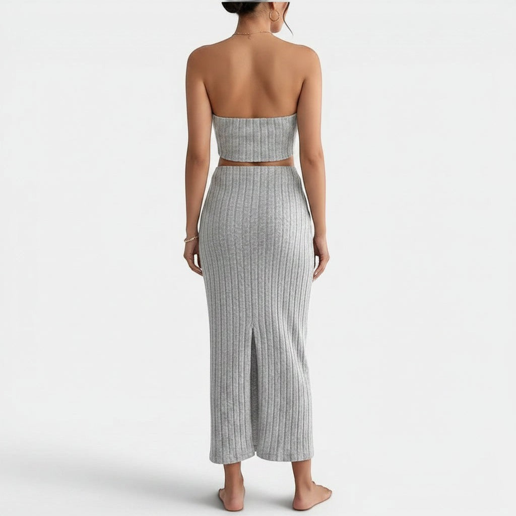 Allzom women's grey ribbed knit strapless top and midi skirt set with a back slit