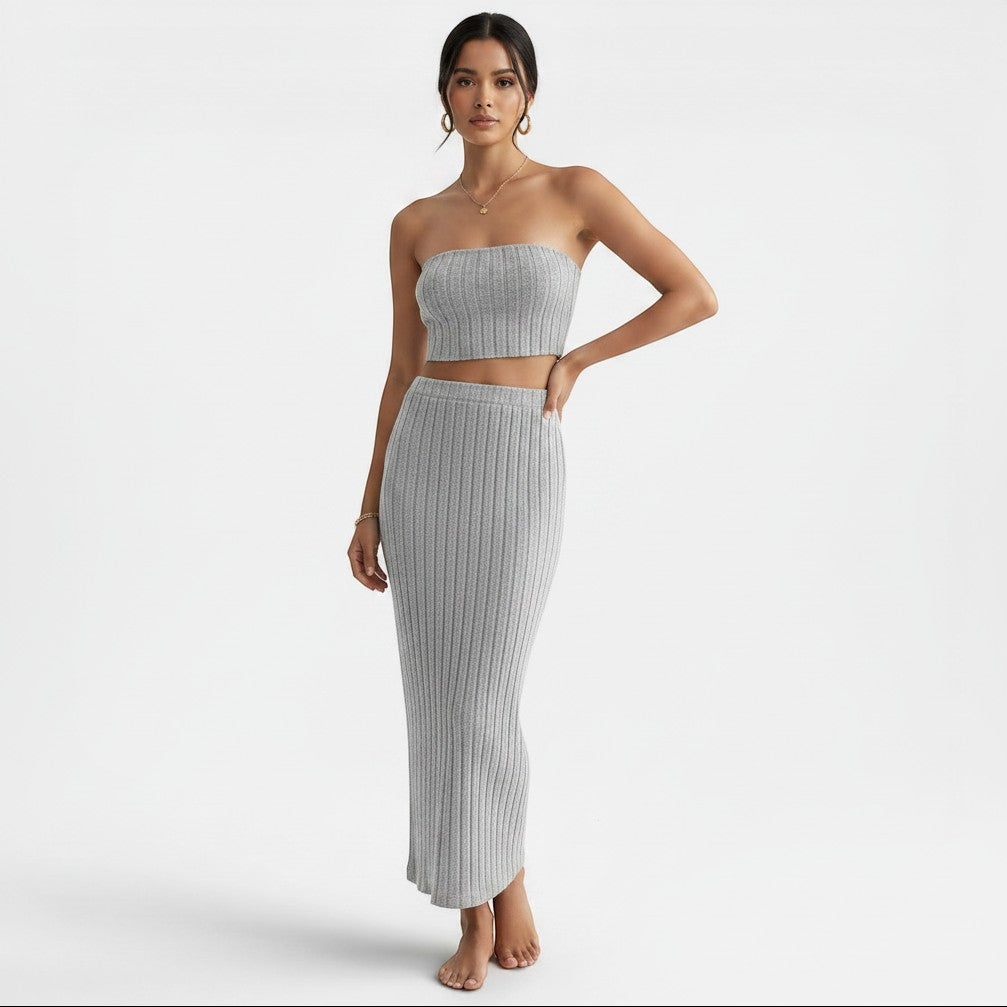 Allzom women's grey ribbed knit bandeau top and maxi skirt set. Casual fashion suit.