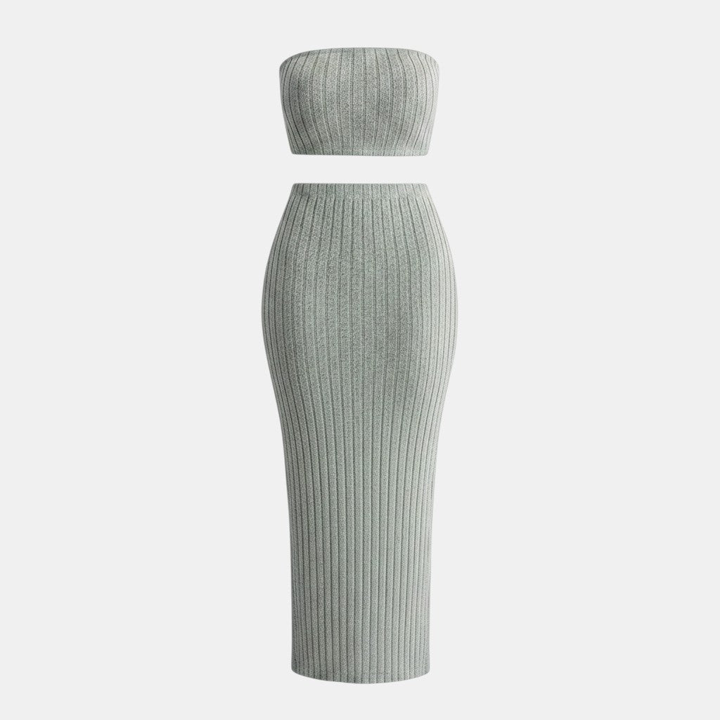 Allzom Women's grey ribbed knit strapless top and midi skirt set. Casual fashion suit.