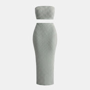 Allzom Women's grey ribbed knit strapless top and midi skirt set. Casual fashion suit.