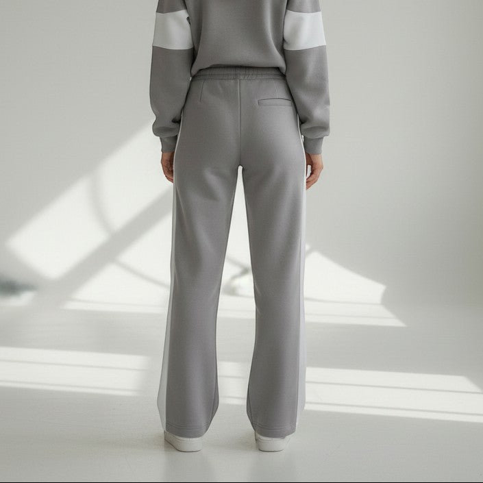 Allzom women's grey long-sleeve sweatshirt and trousers casual suit with white contrast panels.
