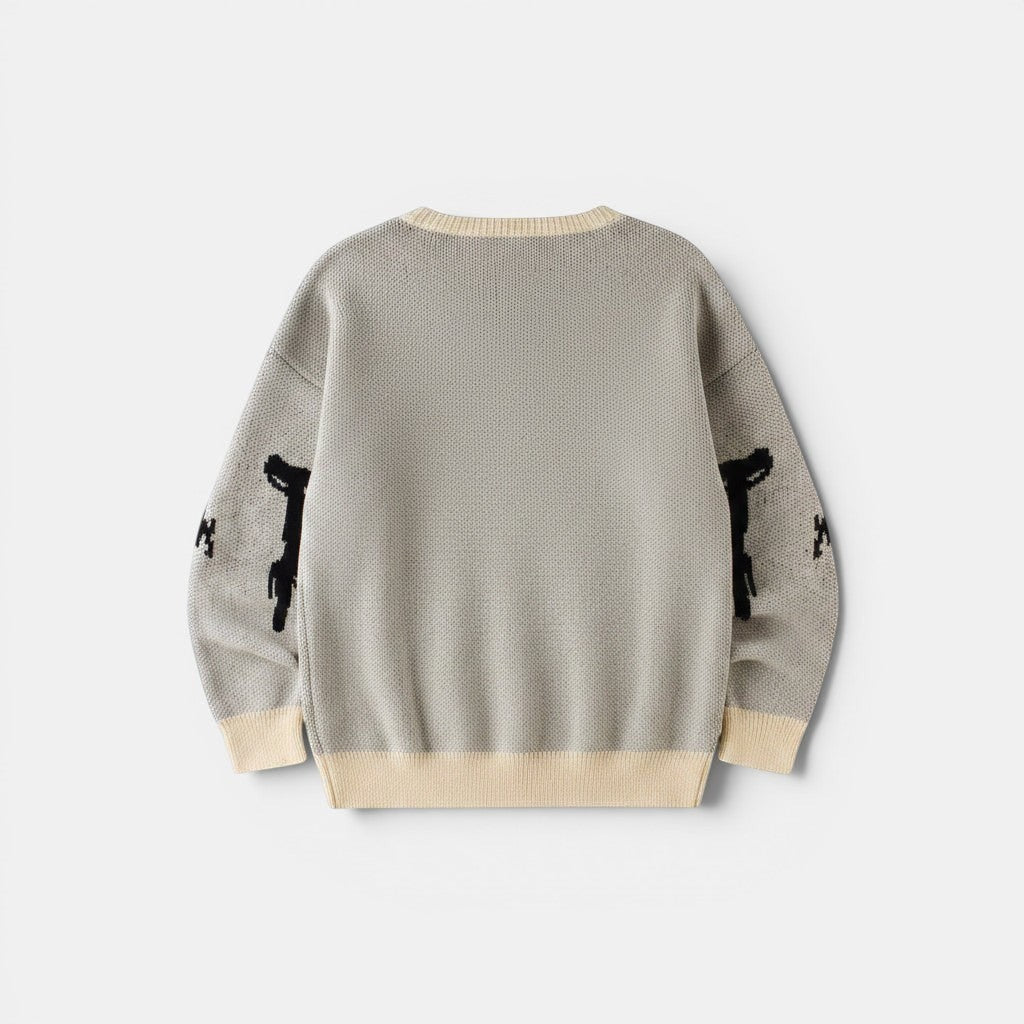 Allzom men's casual grey thermal fashion sweater with black graphic print on sleeves and cream trim.