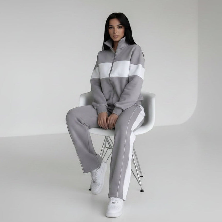 Allzom women's grey and white contrast colour long-sleeve sweatshirt and trousers casual suit.