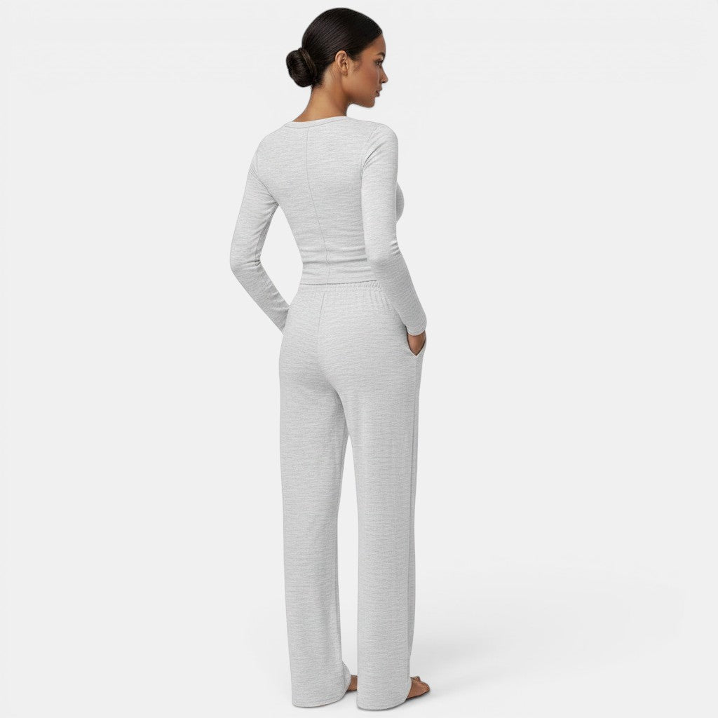 Allzom grey marl long sleeve crop top and wide leg yoga pants set made from soft, stretchy fabric.