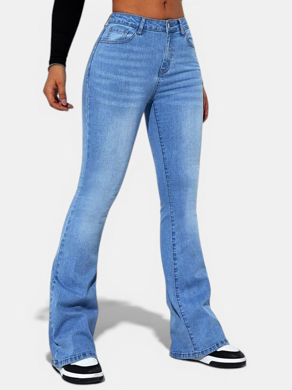 Allzom light blue high-waisted flared jeans made of spandex with a washed look and medium stretch.