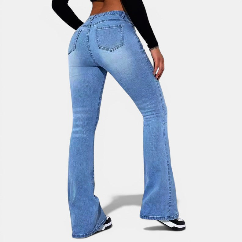 Allzom light blue high-waisted flared jeans made of spandex with a washed look, designed for a slimming fit.