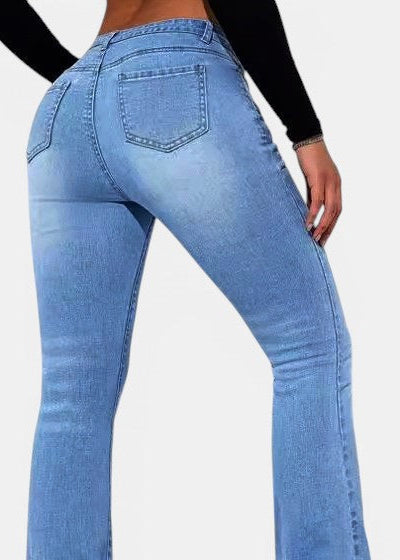 Allzom light blue high-waisted flared jeans made of spandex with a washed look, designed for a slimming fit.