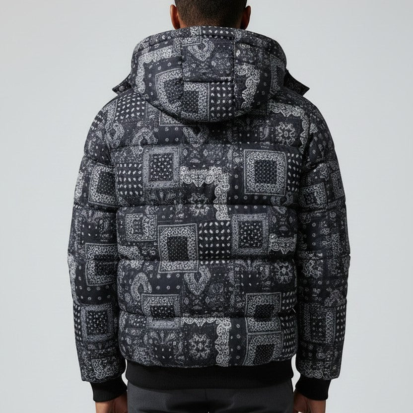 Allzom men's short hooded puffer coat with bandana print in black and white. Cotton-padded.