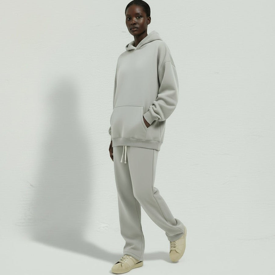 Allzom women's light grey hooded fleece-lined sweatshirt and matching pants set, loose fit, casual wear.