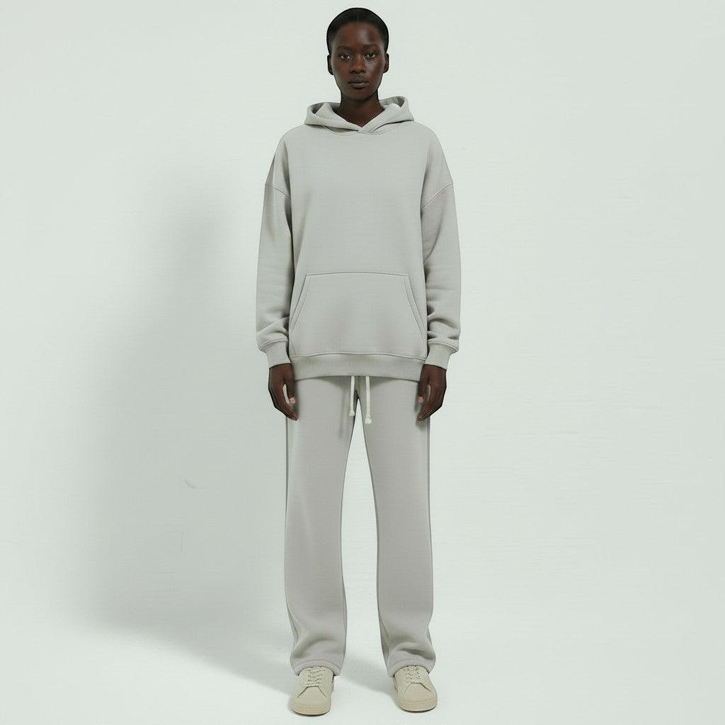 Allzom women's light grey hooded fleece-lined sweatshirt and loose sweatpants set. Relaxed fit, drawstring waist.