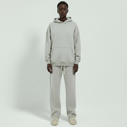 Allzom women's light grey hooded fleece-lined sweatshirt and loose sweatpants set. Relaxed fit, drawstring waist.