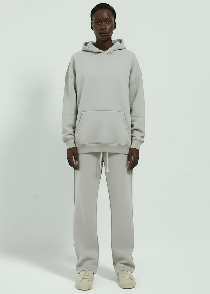 Allzom women's light grey hooded fleece-lined sweatshirt and loose sweatpants set. Relaxed fit, drawstring waist.