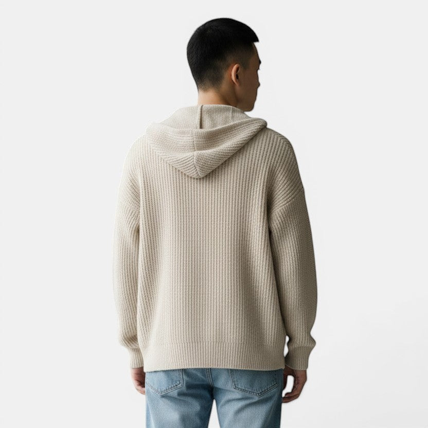 Allzom men's loose hooded sweater coat in beige knit fabric with ribbed texture.
