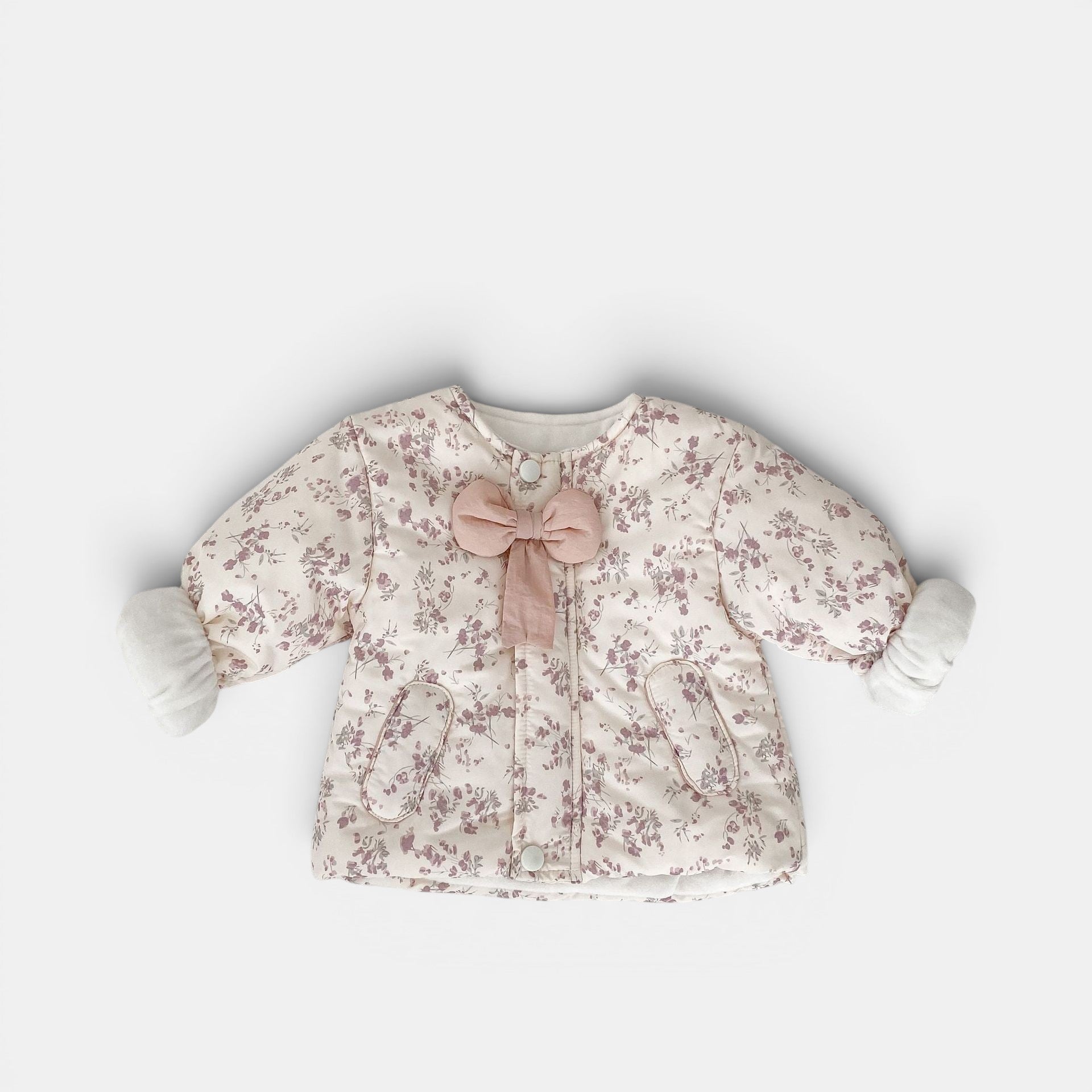 Allzom floral print quilted infant coat with pink bow detail and fleece lining. Ideal for cold weather.
