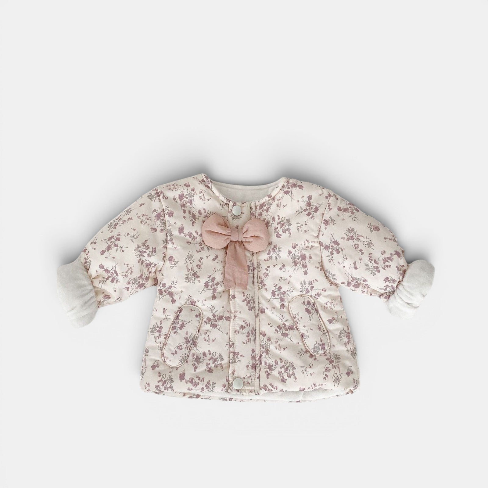 Allzom floral print quilted infant coat with pink bow detail and fleece lining.