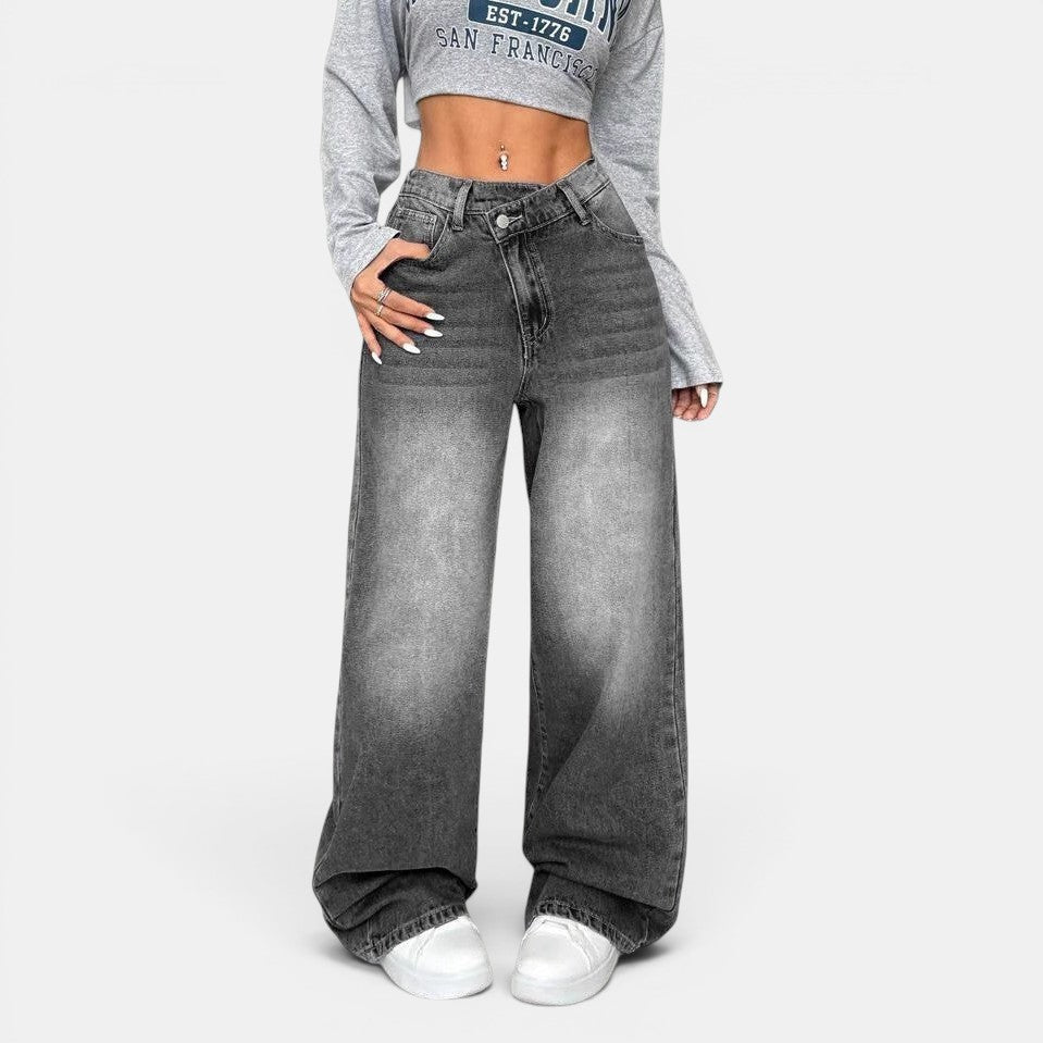 Allzom Jeans casuais descontraídas de ganga cinzento escuro com cintura subida e perna larga.