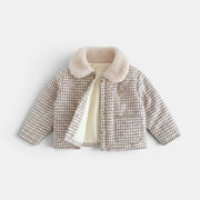 Allzom Kids' brown and white plaid quilted jacket with sherpa collar and bear embroidery. Cotton-padded.