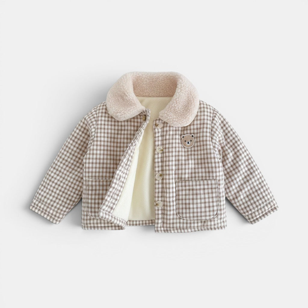 Allzom Kids' brown and white plaid quilted jacket with sherpa collar and bear embroidery. Cotton-padded.