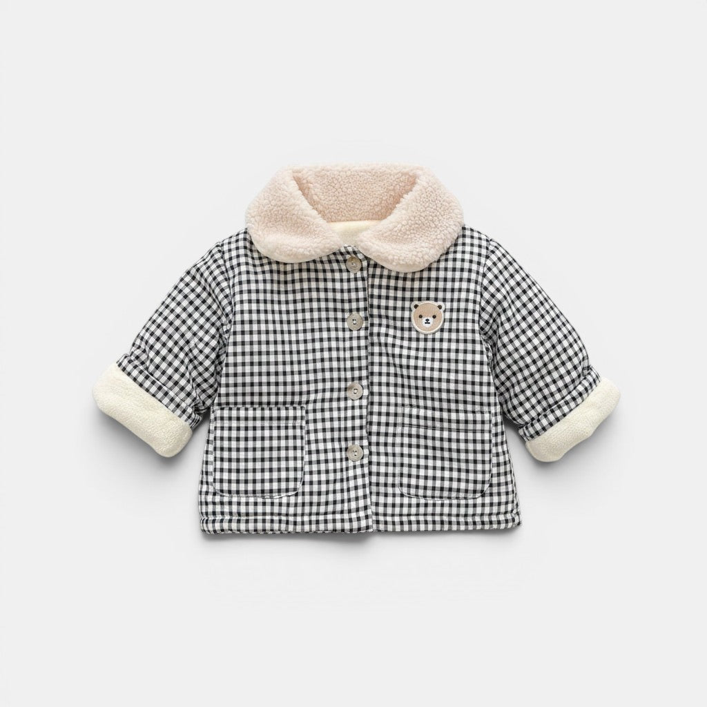 Allzom Kids' black and white plaid quilted jacket with teddy bear patch and cream sherpa collar. Cotton padding.
