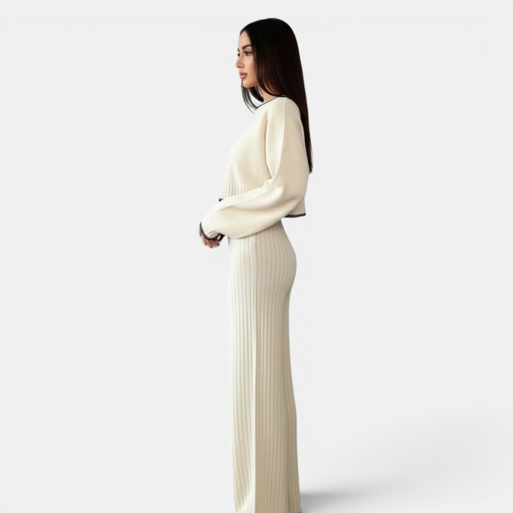 Allzom women's cream knitted two-piece set with wide-leg trousers and cropped sweater.