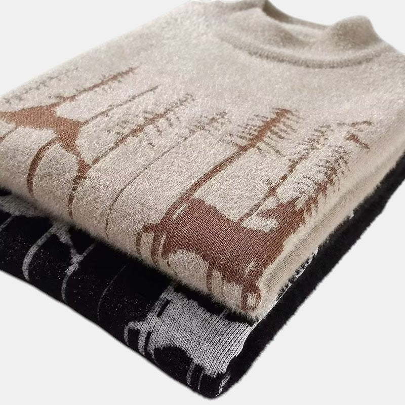 Allzom Men's Korean Style Half Turtleneck Sweater in beige with brown deer print and black with white deer print.