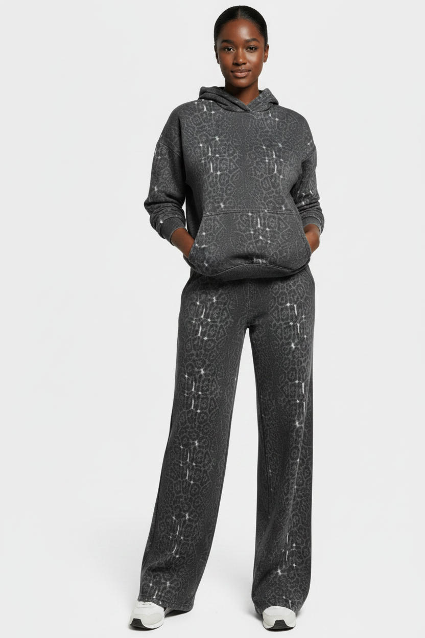 Women's Casual Hooded Sweatshirt & Wide-Leg Pants Leopard Print Set