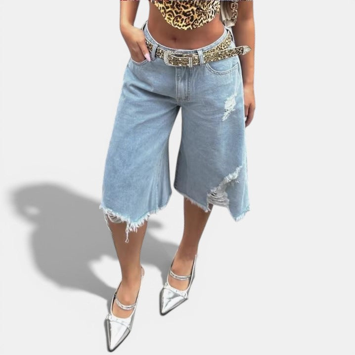 Allzom light blue denim capri jeans with raw hem and distressed details, mid-waist, straight leg, relaxed fit.