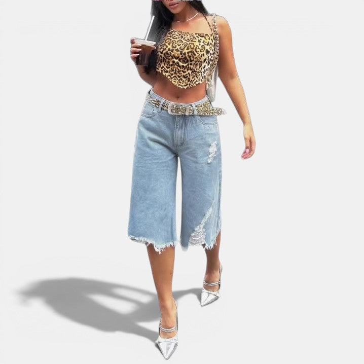 Allzom light blue denim capri jeans with raw hem and distressed details, mid-waist, relaxed fit.