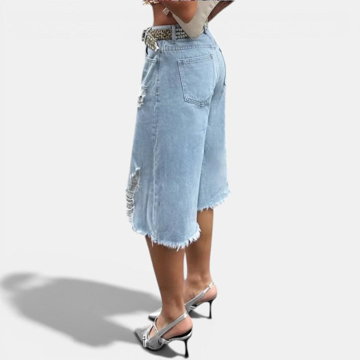 Allzom light blue denim capri jeans with raw hem and distressed details, mid-waist, relaxed fit.