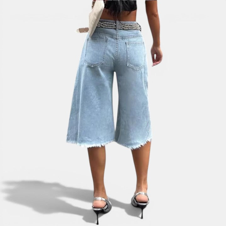 Allzom light blue denim culottes with raw hem and mid-waist. Street fashion style.