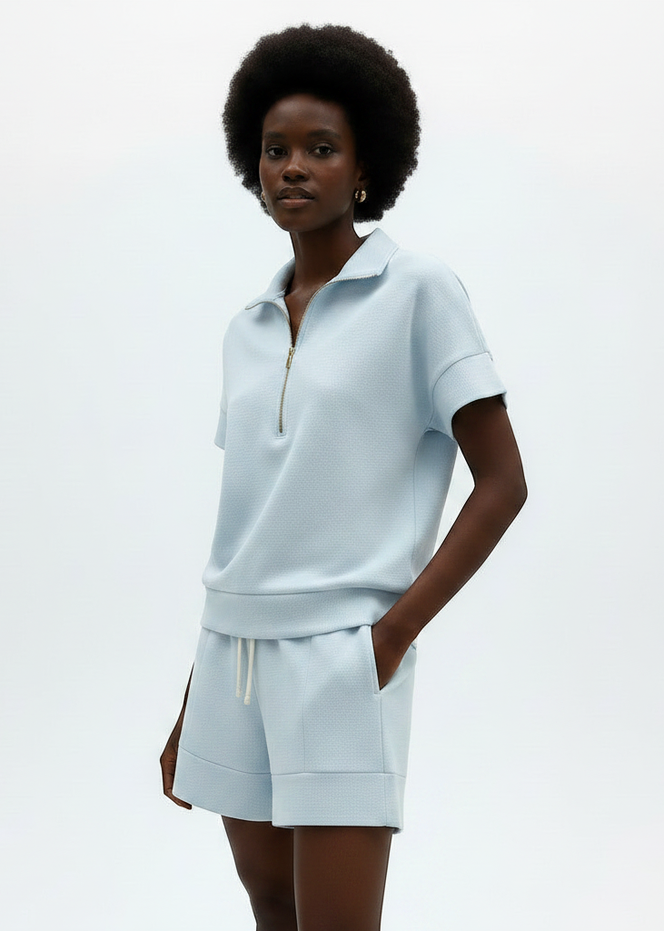Women's Casual Short Sweatshirt Two-Piece Set – Blue & Gray