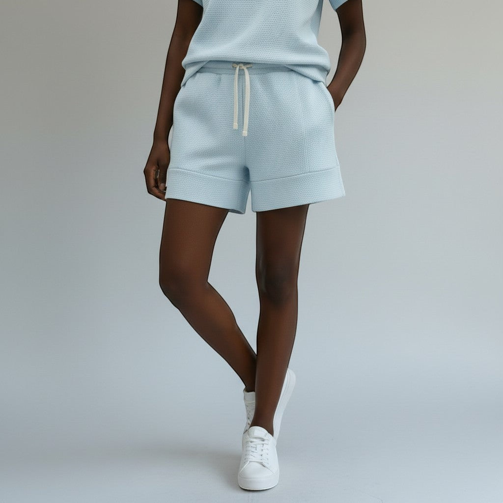Allzom women's light blue textured cotton blend casual shorts with drawstring waist and cuffed hem.